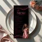 Editable Menu and Program Template Pink Black Birthday Dinner Menu cards with photo Retirement Party Program Printable Fuchsia Party Menu