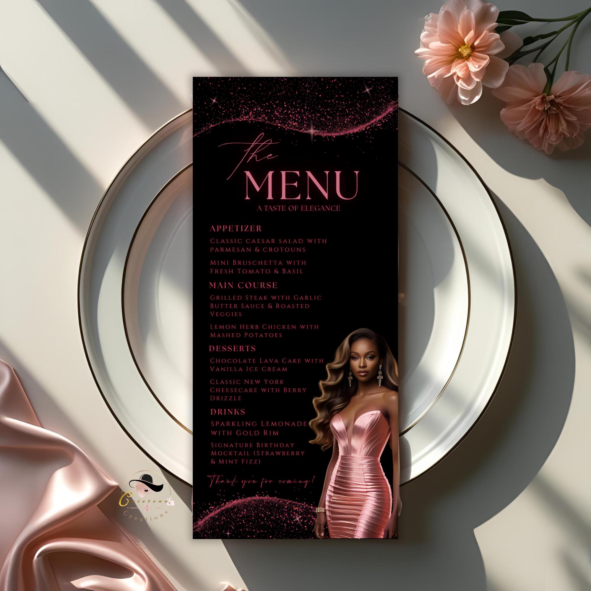 Editable Menu and Program Template Pink Black Birthday Dinner Menu cards with photo Retirement Party Program Printable Fuchsia Party Menu