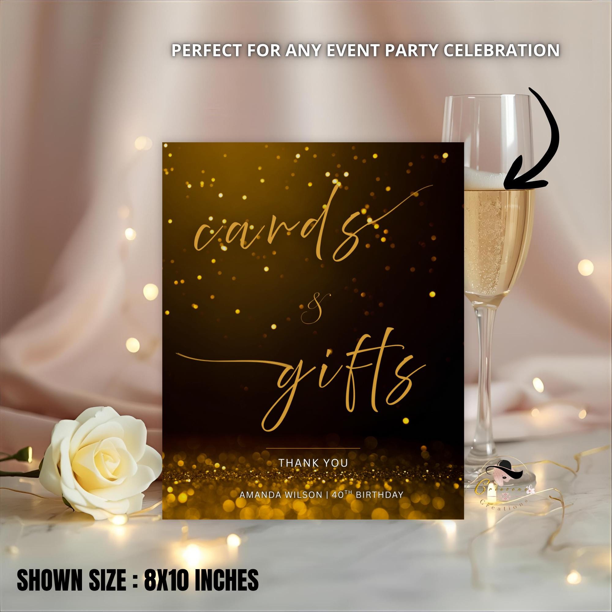 Editable Cards and Gift Sign Template Black Gold Birthday Gift Table Sign, Modern Card Table Sign Printable Retirement Party Sign Decor 8x10