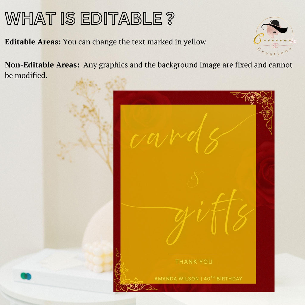 Editable Cards and Gift Sign Template Red Gold Birthday Gift Table Sign Elegant Card Table Sign Printable Retirement Floral Party Sign Decor