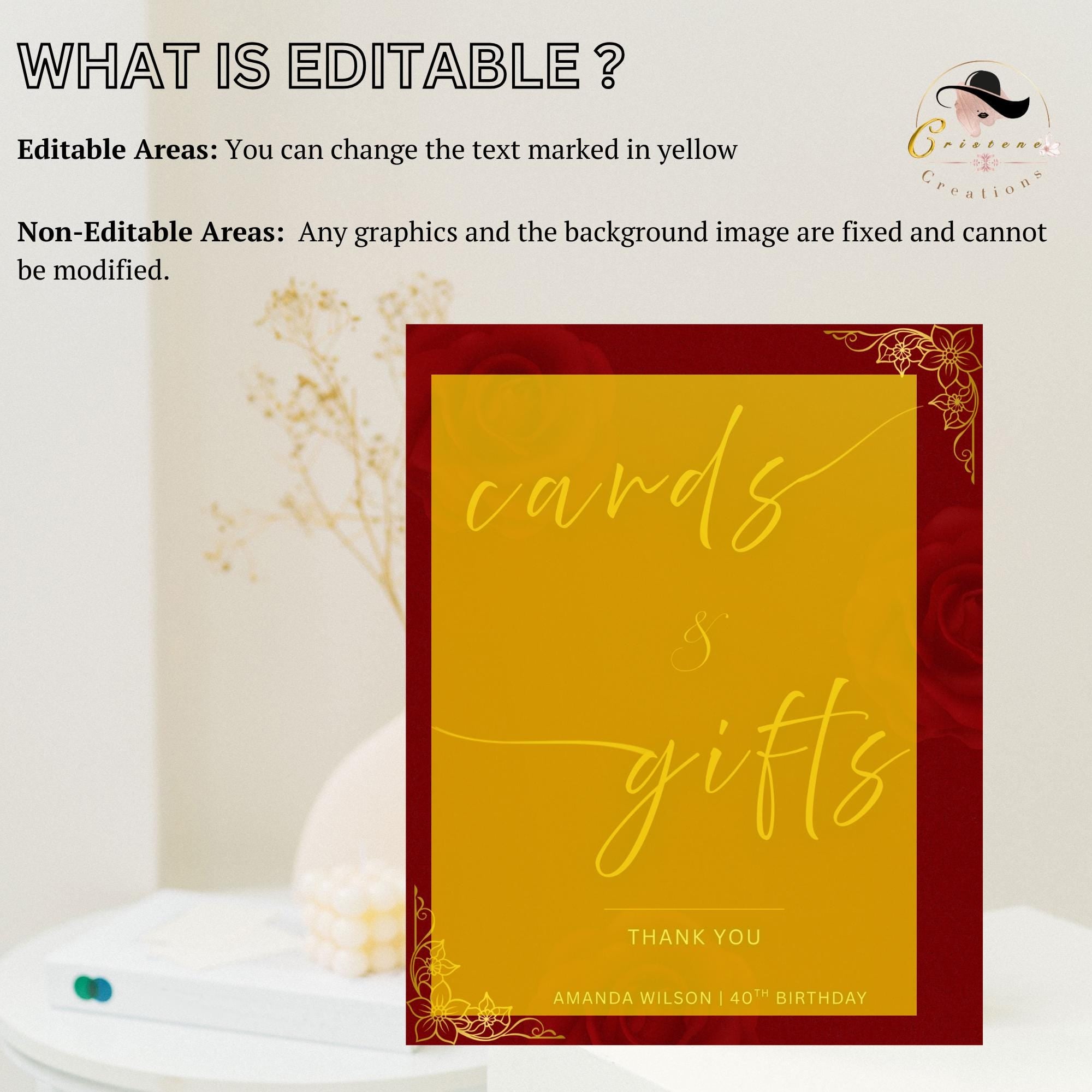 Editable Cards and Gift Sign Template Red Gold Birthday Gift Table Sign Elegant Card Table Sign Printable Retirement Floral Party Sign Decor