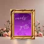 Editable Cards and Gift Sign Template Purple Silver Birthday Gift Table Sign, Elegant Card Table Sign Printable Retirement Floral Party Sign