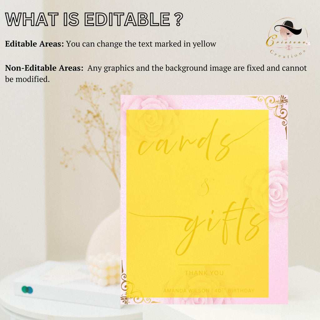 Editable Cards and Gift Sign Template Pink Gold Birthday Gift Table Sign, Elegant Card Table Sign Printable Sweet 16 Floral Party Sign Decor