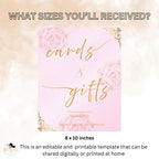 Editable Cards and Gift Sign Template Pink Gold Birthday Gift Table Sign, Elegant Card Table Sign Printable Sweet 16 Floral Party Sign Decor