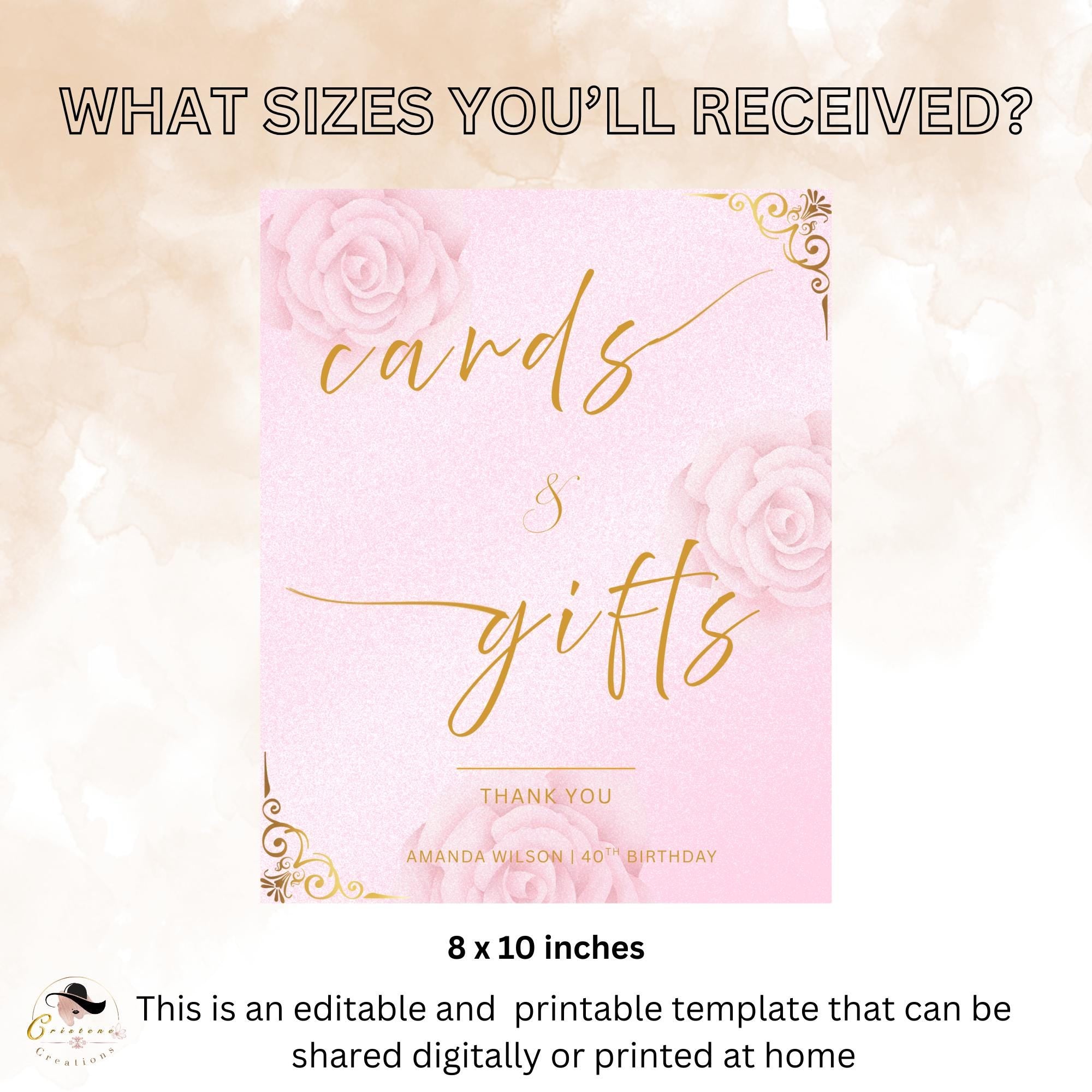 Editable Cards and Gift Sign Template Pink Gold Birthday Gift Table Sign, Elegant Card Table Sign Printable Sweet 16 Floral Party Sign Decor