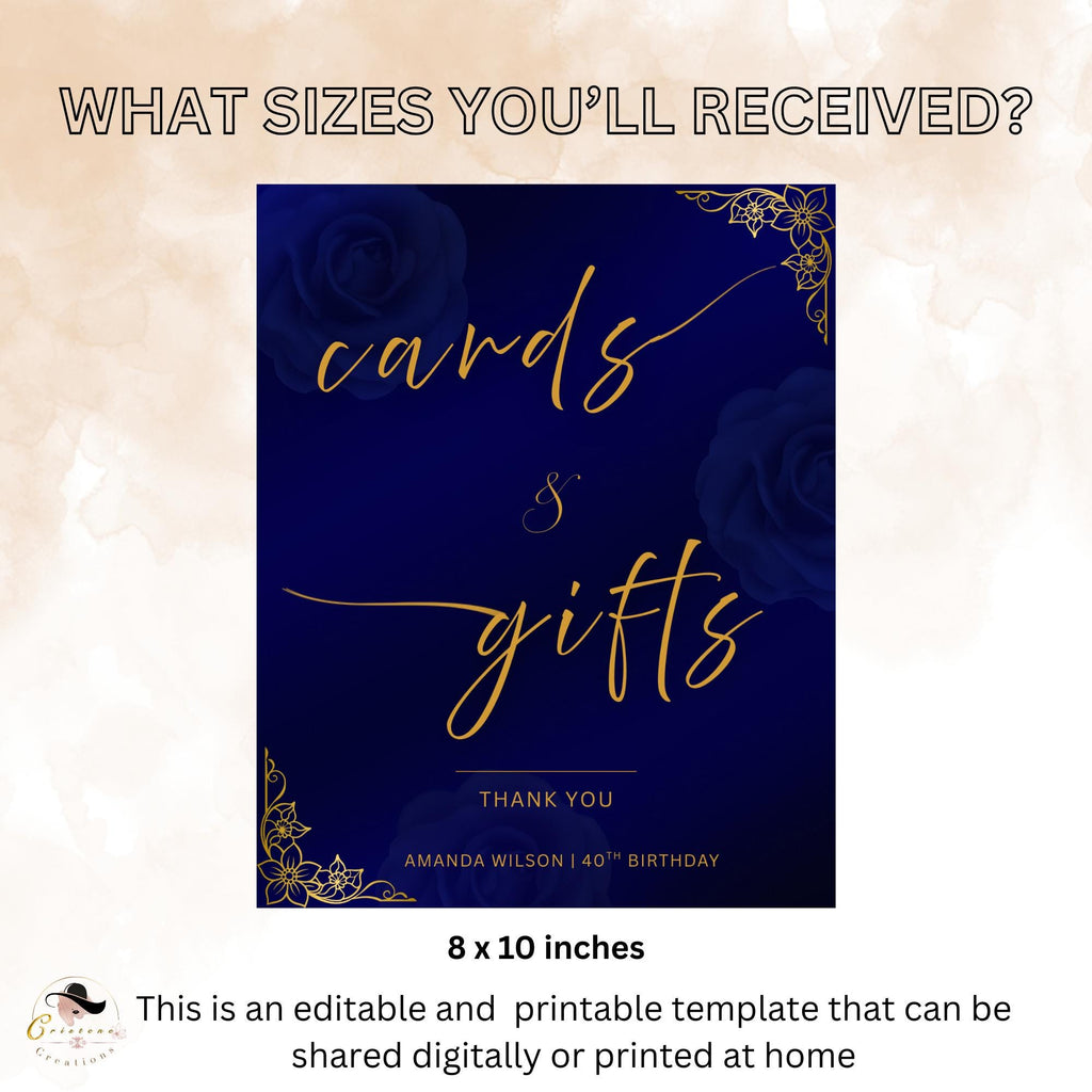 Editable Cards and Gift Sign Template Navy Blue Gold Birthday Gift Table Sign Elegant Card Table Sign Printable Retirement Floral Party Sign