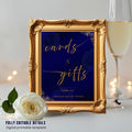 Editable Cards and Gift Sign Template Navy Blue Gold Birthday Gift Table Sign Elegant Card Table Sign Printable Retirement Floral Party Sign