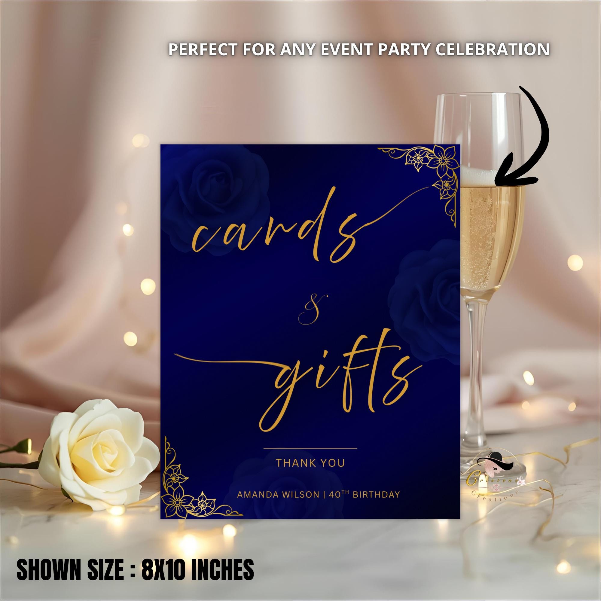 Editable Cards and Gift Sign Template Navy Blue Gold Birthday Gift Table Sign Elegant Card Table Sign Printable Retirement Floral Party Sign