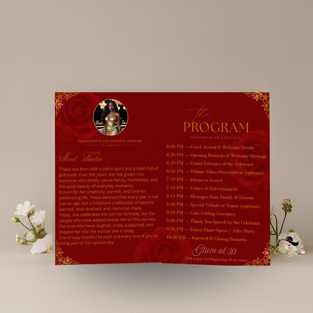 Red Gold Program Template, Bifold Birthday Program card with photo Printable Elegant Floral Party Program, Burgundy Retirement Decor
