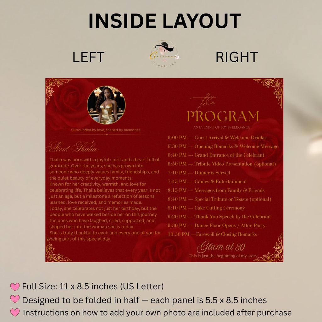 Red Gold Program Template, Bifold Birthday Program card with photo Printable Elegant Floral Party Program, Burgundy Retirement Decor