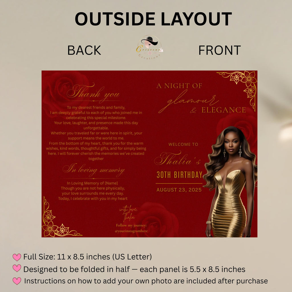 Red Gold Program Template, Bifold Birthday Program card with photo Printable Elegant Floral Party Program, Burgundy Retirement Decor