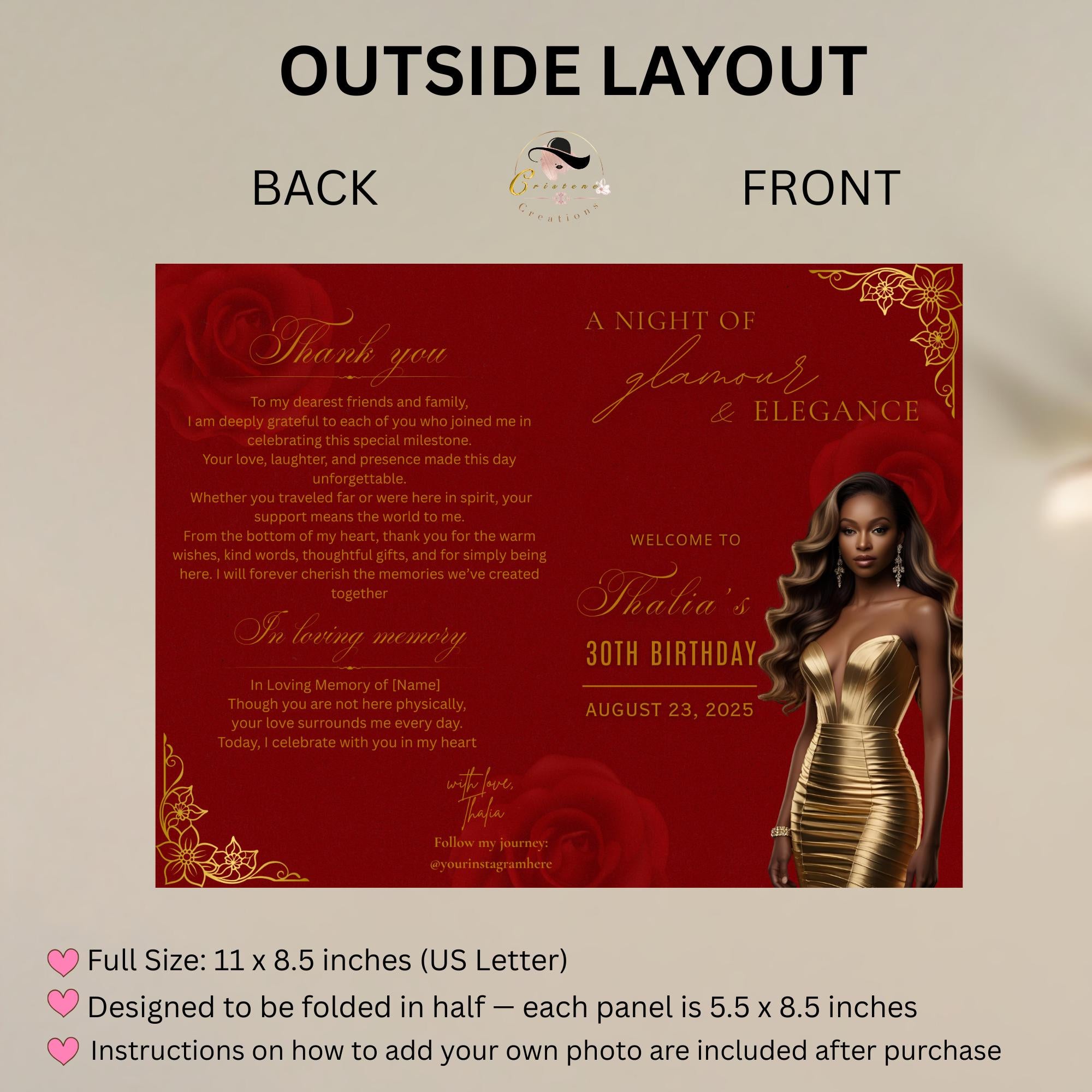 Red Gold Program Template, Bifold Birthday Program card with photo Printable Elegant Floral Party Program, Burgundy Retirement Decor