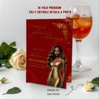 Red Gold Program Template, Bifold Birthday Program card with photo Printable Elegant Floral Party Program, Burgundy Retirement Decor
