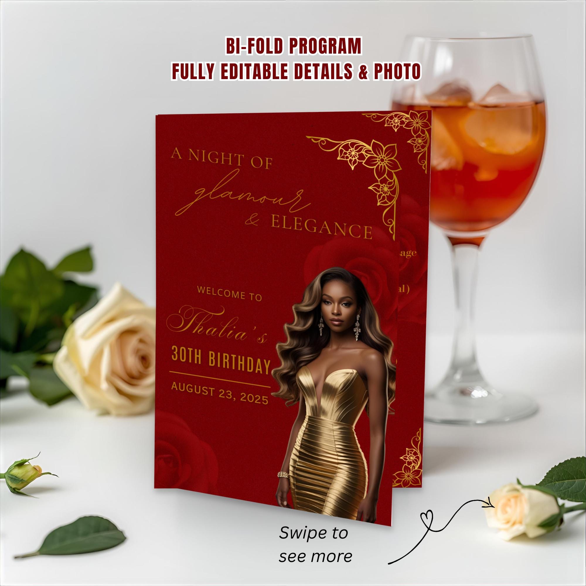 Red Gold Program Template, Bifold Birthday Program card with photo Printable Elegant Floral Party Program, Burgundy Retirement Decor