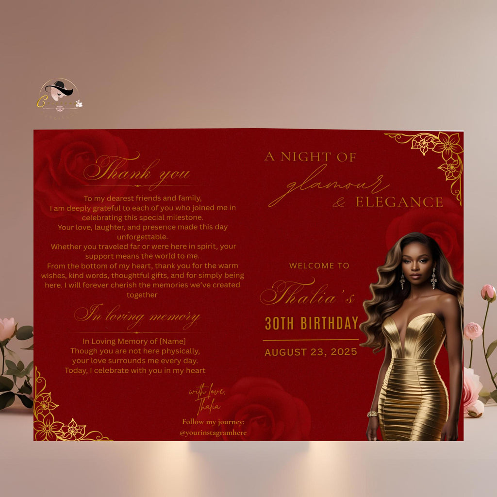 Red Gold Program Template, Bifold Birthday Program card with photo Printable Elegant Floral Party Program, Burgundy Retirement Decor