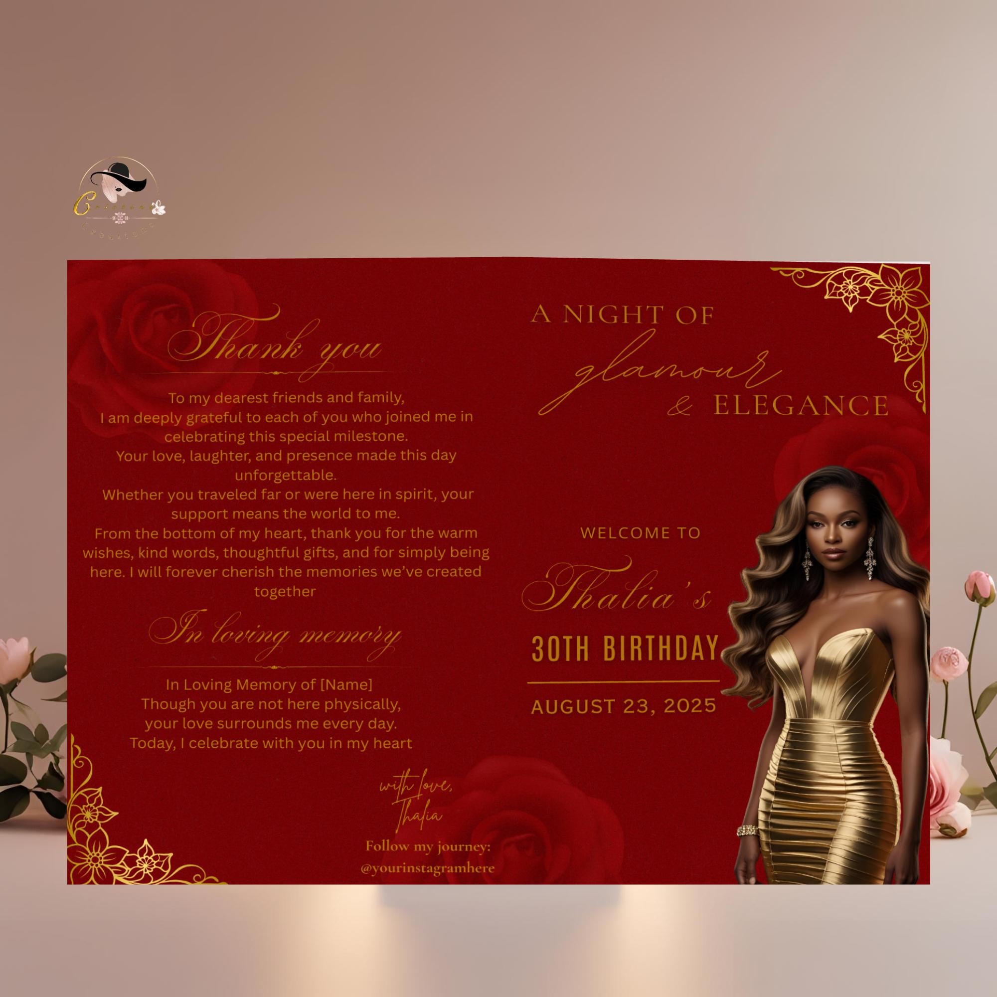 Red Gold Program Template, Bifold Birthday Program card with photo Printable Elegant Floral Party Program, Burgundy Retirement Decor
