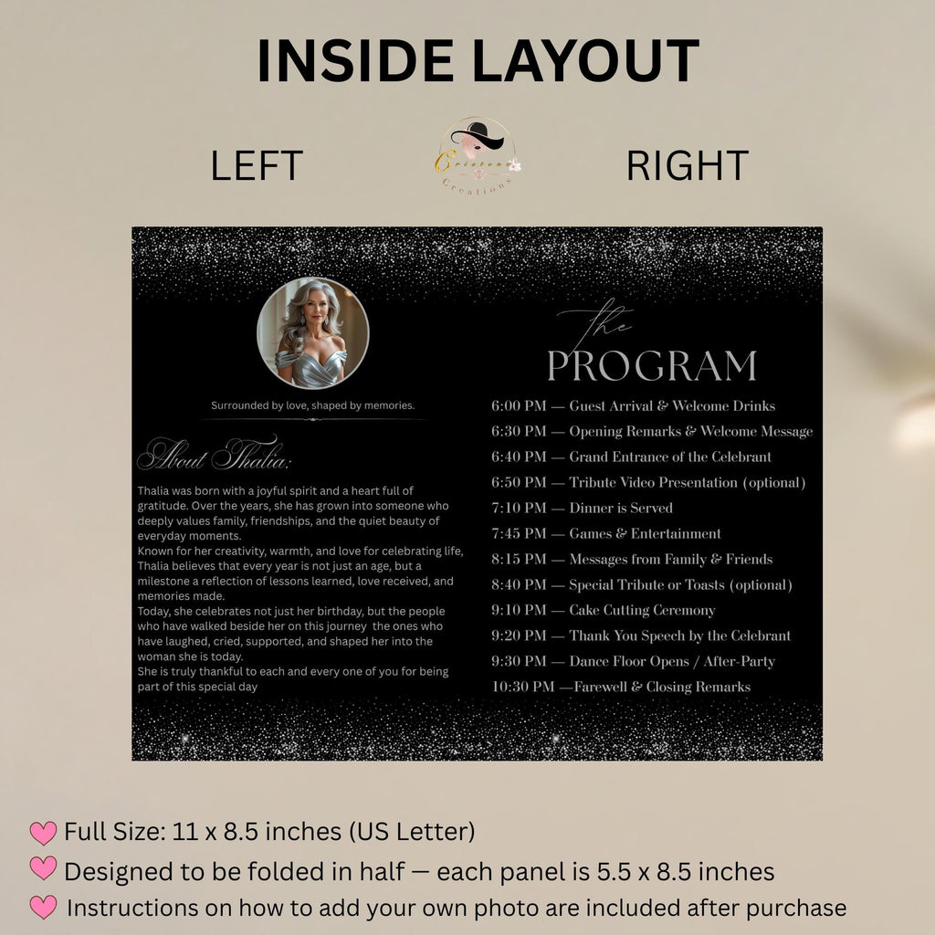 Editable Program Template Black Silver Bifold Birthday Program card with photo Printable Woman Elegant Retirement Party Event Formal Program