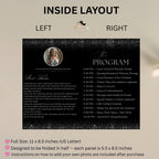 Editable Program Template Black Silver Bifold Birthday Program card with photo Printable Woman Elegant Retirement Party Event Formal Program