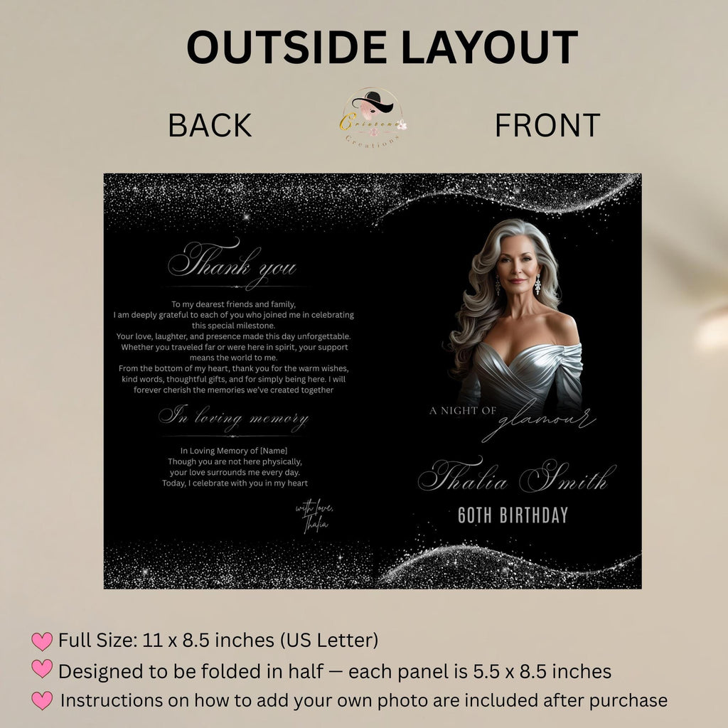 Editable Program Template Black Silver Bifold Birthday Program card with photo Printable Woman Elegant Retirement Party Event Formal Program