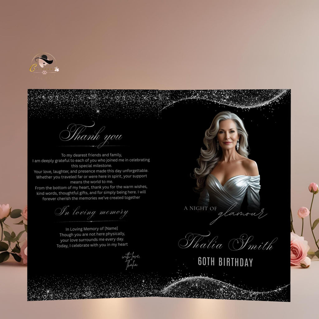 Editable Program Template Black Silver Bifold Birthday Program card with photo Printable Woman Elegant Retirement Party Event Formal Program