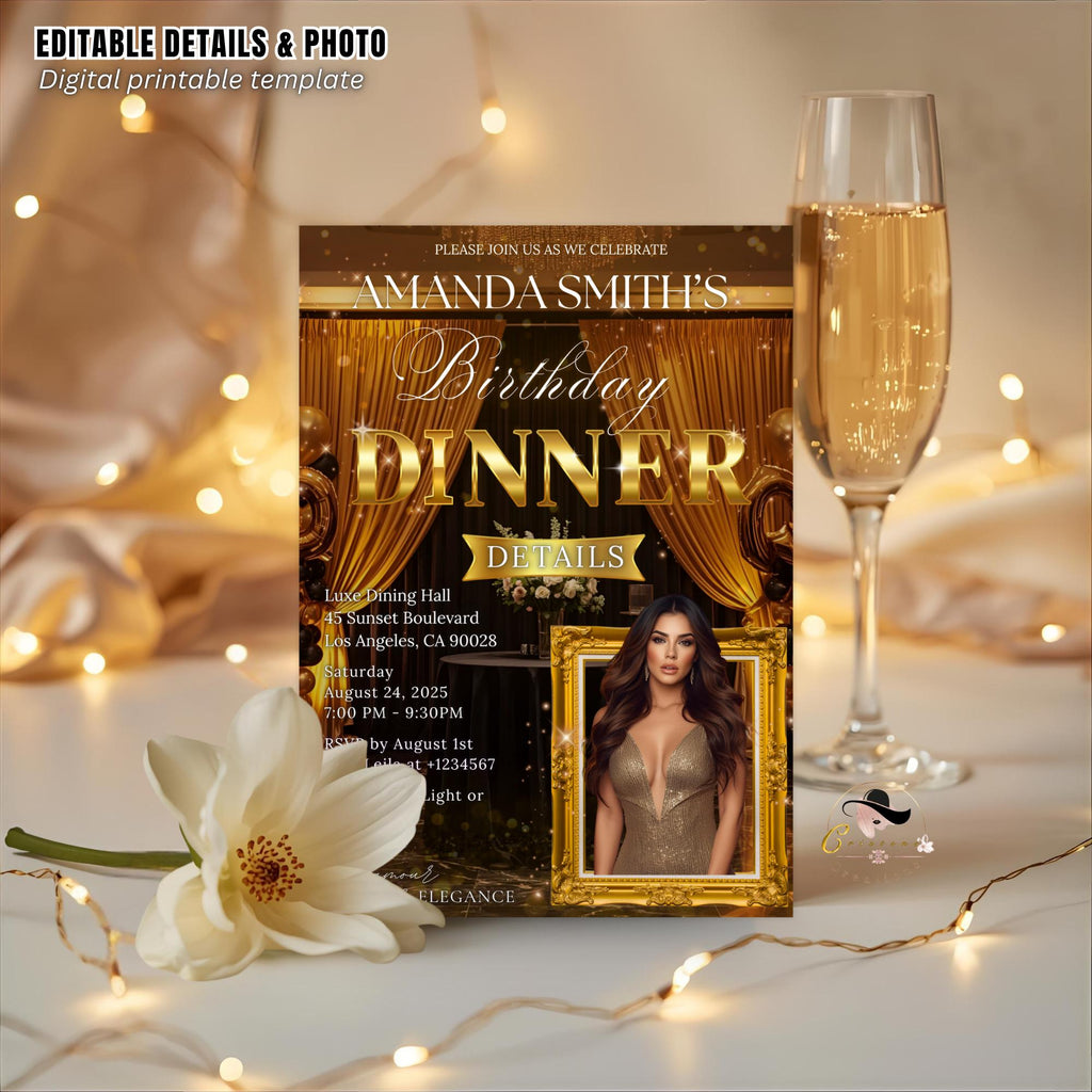 Editable Birthday Dinner Invitation Black Gold Luxury Dinner Invite with photo, Woman Birthday Party, Digital Retirement Party Template