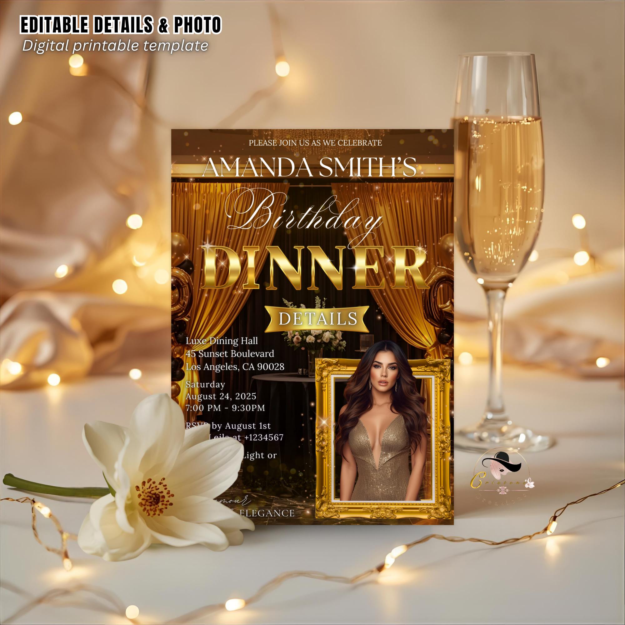 Editable Birthday Dinner Invitation Black Gold Luxury Dinner Invite with photo, Woman Birthday Party, Digital Retirement Party Template