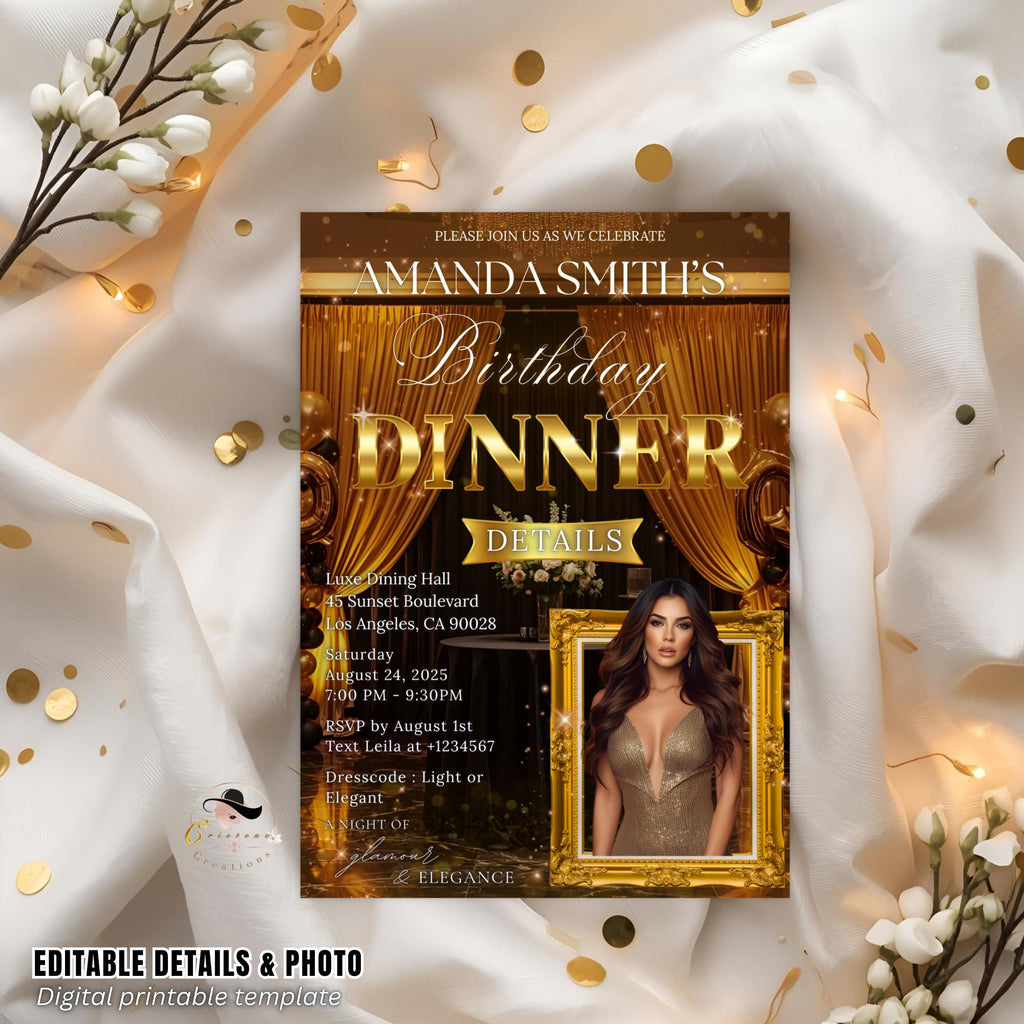 Editable Birthday Dinner Invitation Black Gold Luxury Dinner Invite with photo, Woman Birthday Party, Digital Retirement Party Template