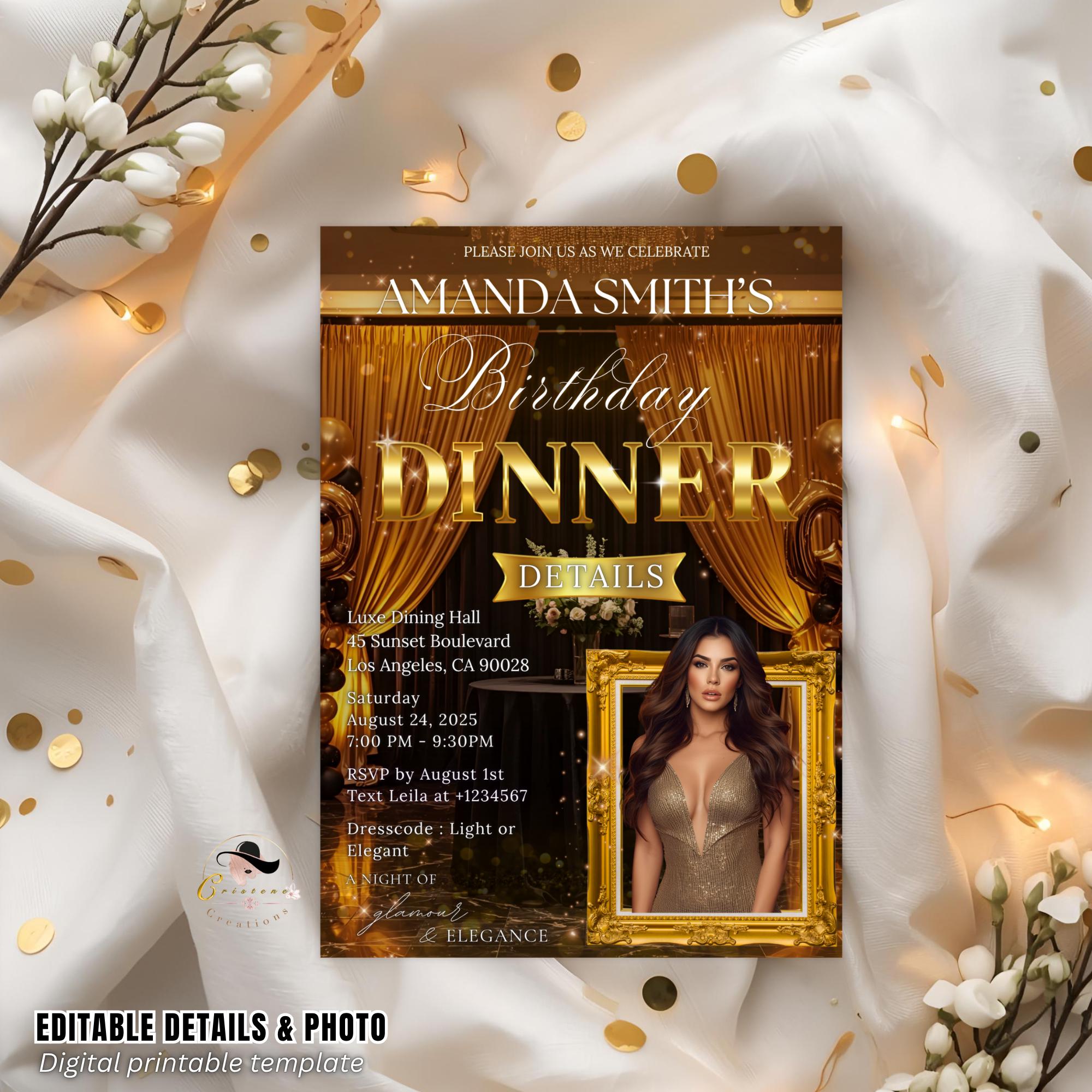 Editable Birthday Dinner Invitation Black Gold Luxury Dinner Invite with photo, Woman Birthday Party, Digital Retirement Party Template
