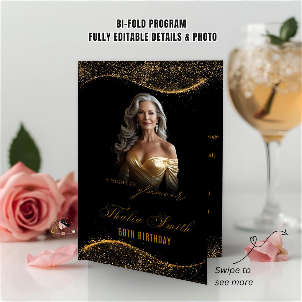Editable Program Template Black Gold Bifold Birthday Program card with photo Printable Woman Elegant Retirement Party Event Formal Program