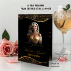 Editable Program Template Black Gold Bifold Birthday Program card with photo Printable Woman Elegant Retirement Party Event Formal Program
