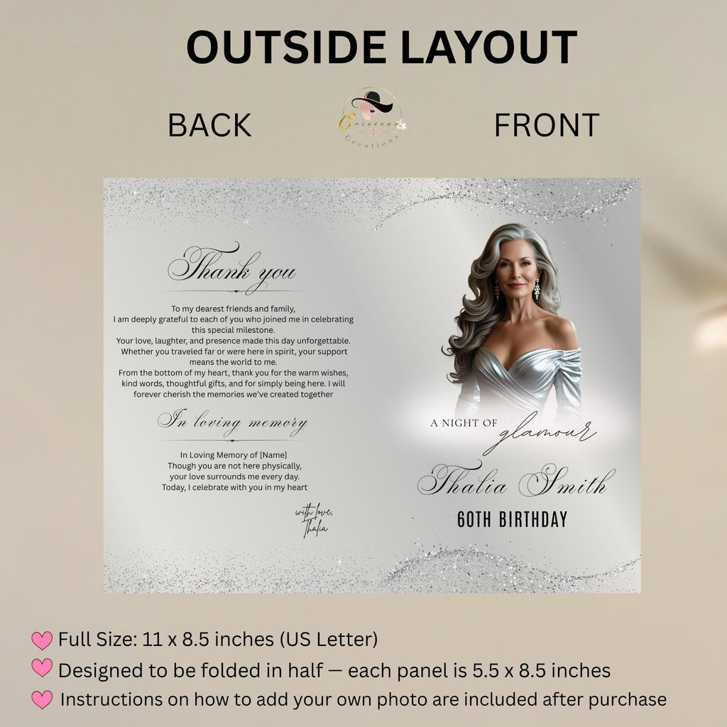 Editable Program Card Template White Silver Bifold Birthday Program with photo Printable Woman Elegant Retirement Party Event Formal Program