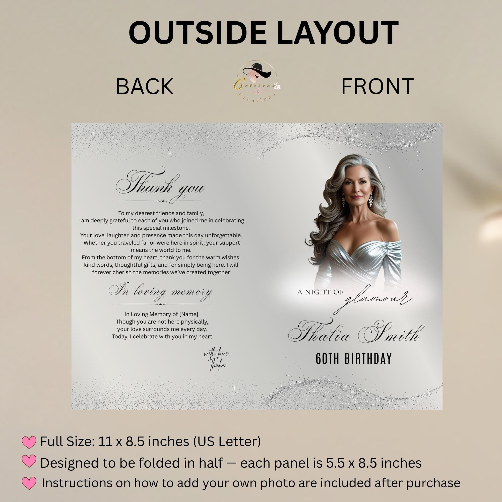 Editable Program Card Template White Silver Bifold Birthday Program with photo Printable Woman Elegant Retirement Party Event Formal Program