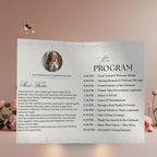 Editable Program Card Template White Silver Bifold Birthday Program with photo Printable Woman Elegant Retirement Party Event Formal Program