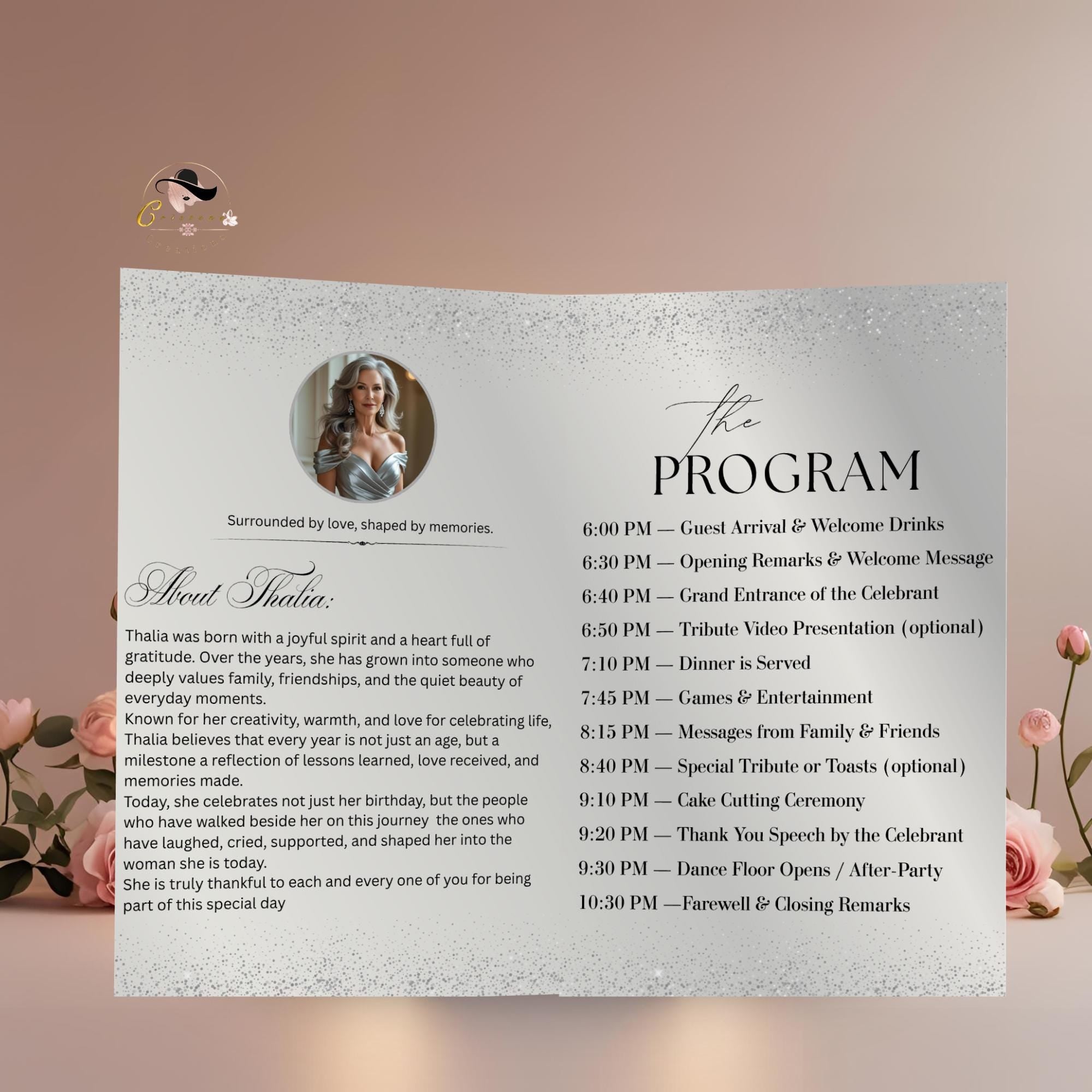 Editable Program Card Template White Silver Bifold Birthday Program with photo Printable Woman Elegant Retirement Party Event Formal Program