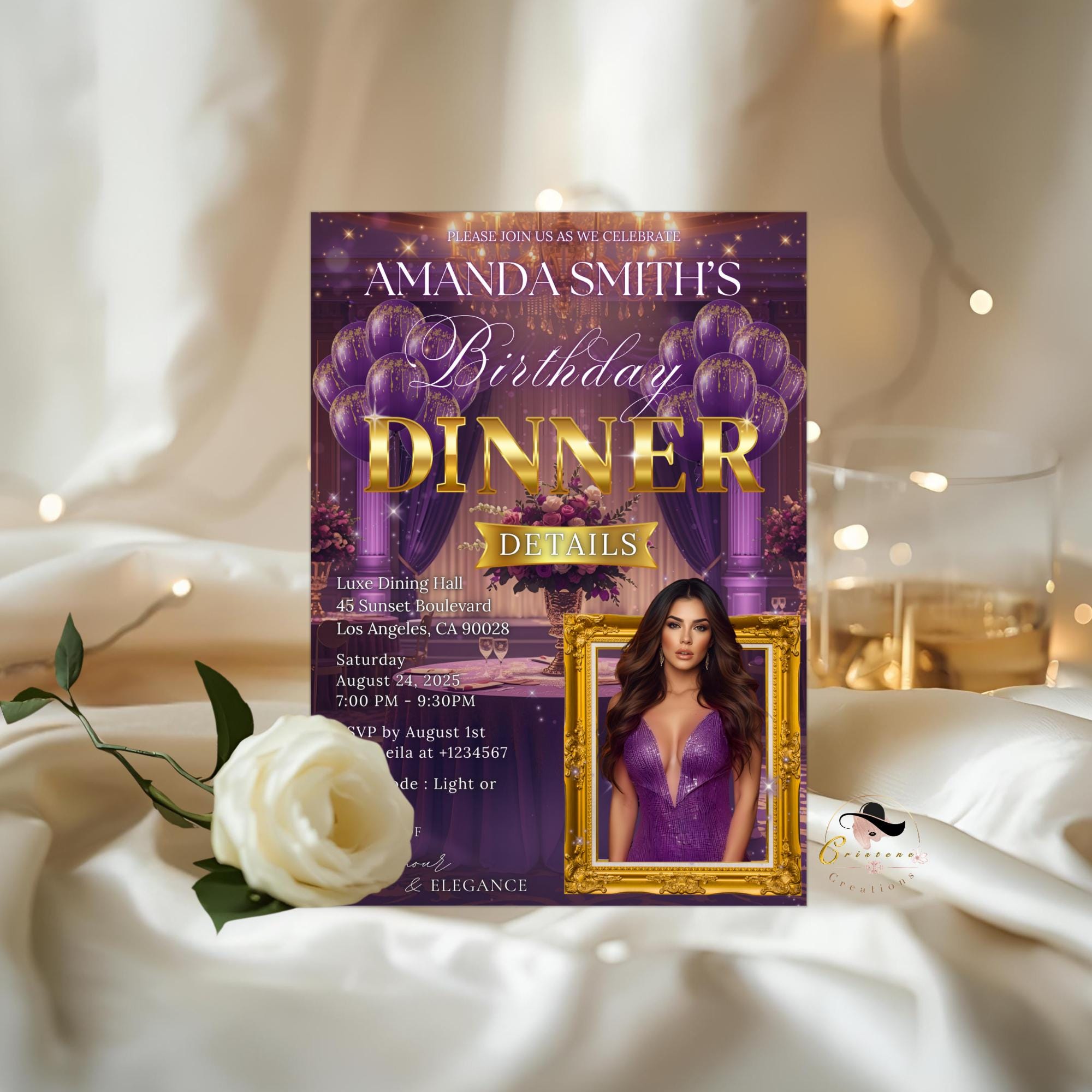 Editable Birthday Dinner Invitation Purple Gold Luxury Dinner Invite with photo, Woman Retirement Party, Shades of Purple Digital Template