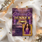 Editable Birthday Dinner Invitation Purple Gold Luxury Dinner Invite with photo, Woman Retirement Party, Shades of Purple Digital Template