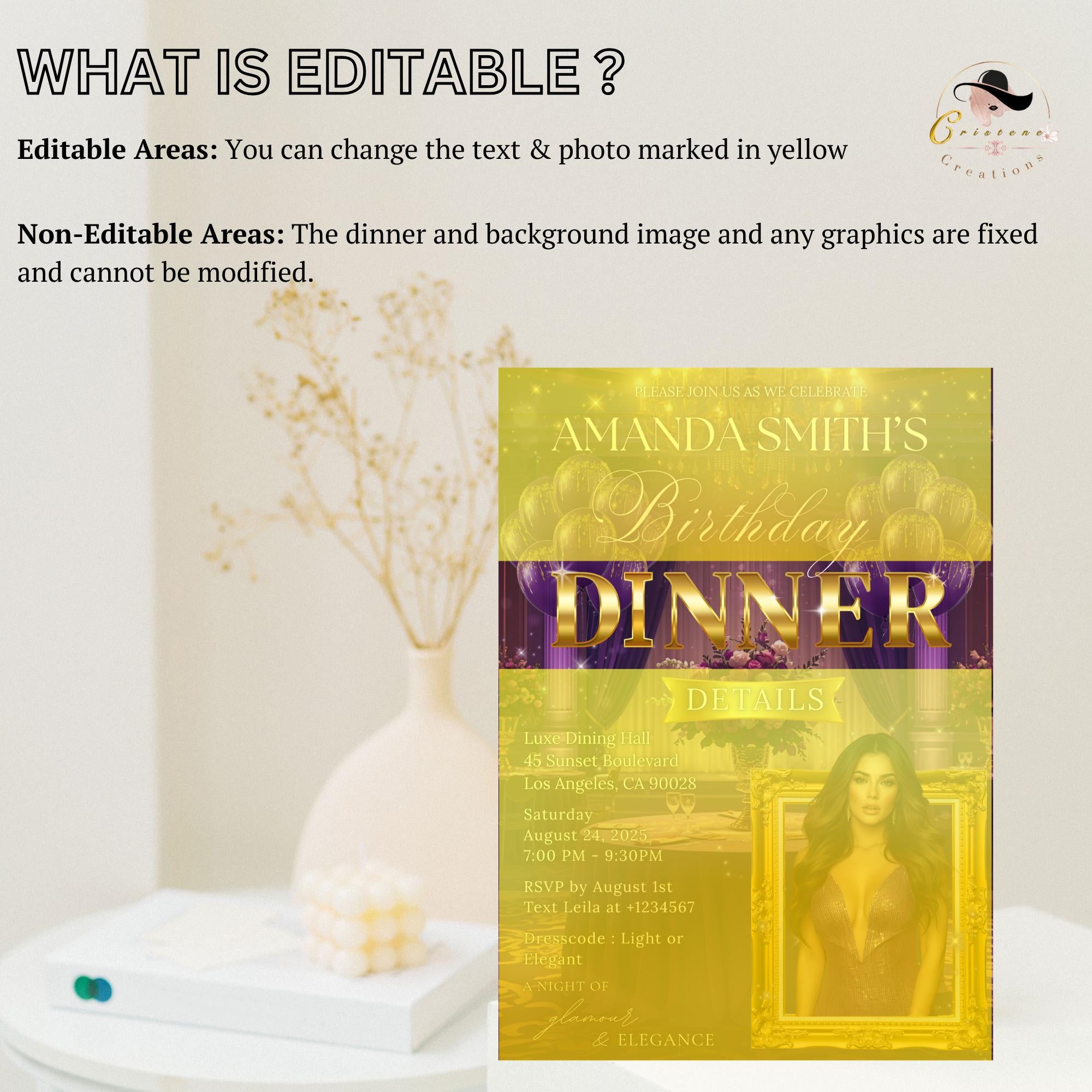 Editable Birthday Dinner Invitation Purple Gold Luxury Dinner Invite with photo, Woman Retirement Party, Shades of Purple Digital Template