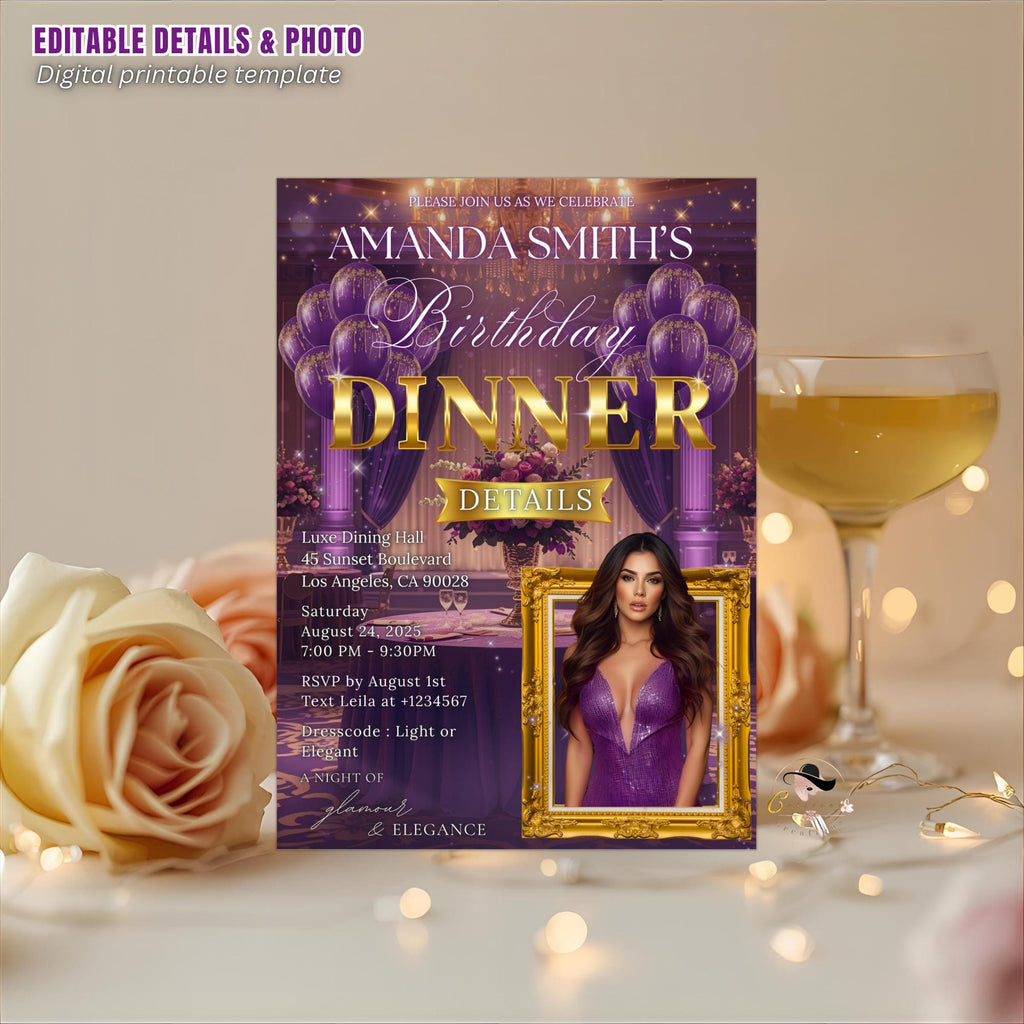 Editable Birthday Dinner Invitation Purple Gold Luxury Dinner Invite with photo, Woman Retirement Party, Shades of Purple Digital Template