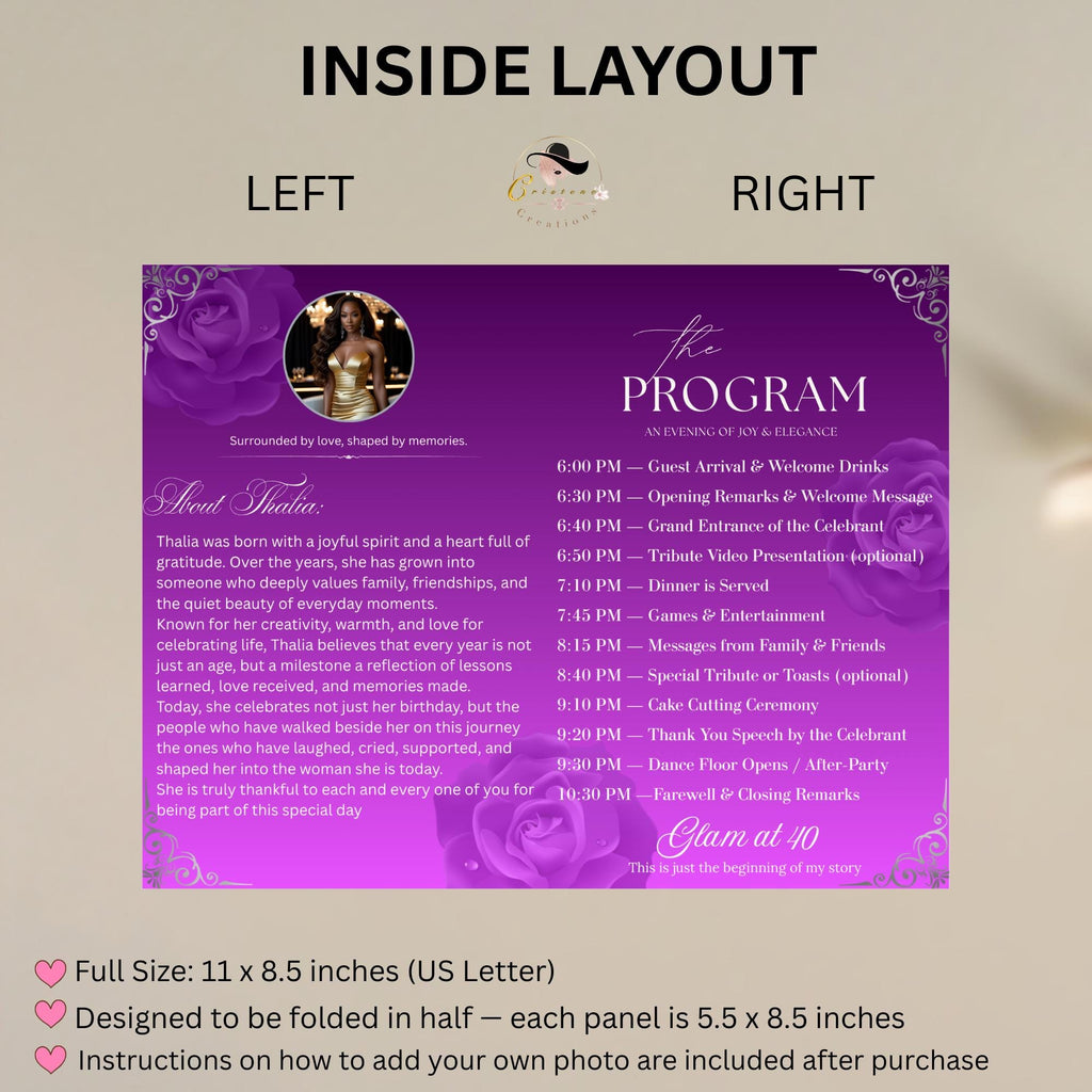 Editable Program Card Template Purple Silver Bifold Birthday Program with photo Printable Luxury Floral Party Program Woman Retirement Decor