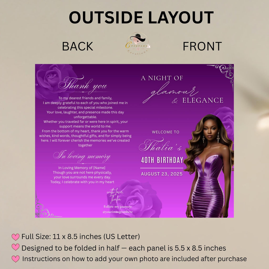 Editable Program Card Template Purple Silver Bifold Birthday Program with photo Printable Luxury Floral Party Program Woman Retirement Decor