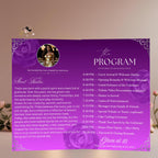 Editable Program Card Template Purple Silver Bifold Birthday Program with photo Printable Luxury Floral Party Program Woman Retirement Decor