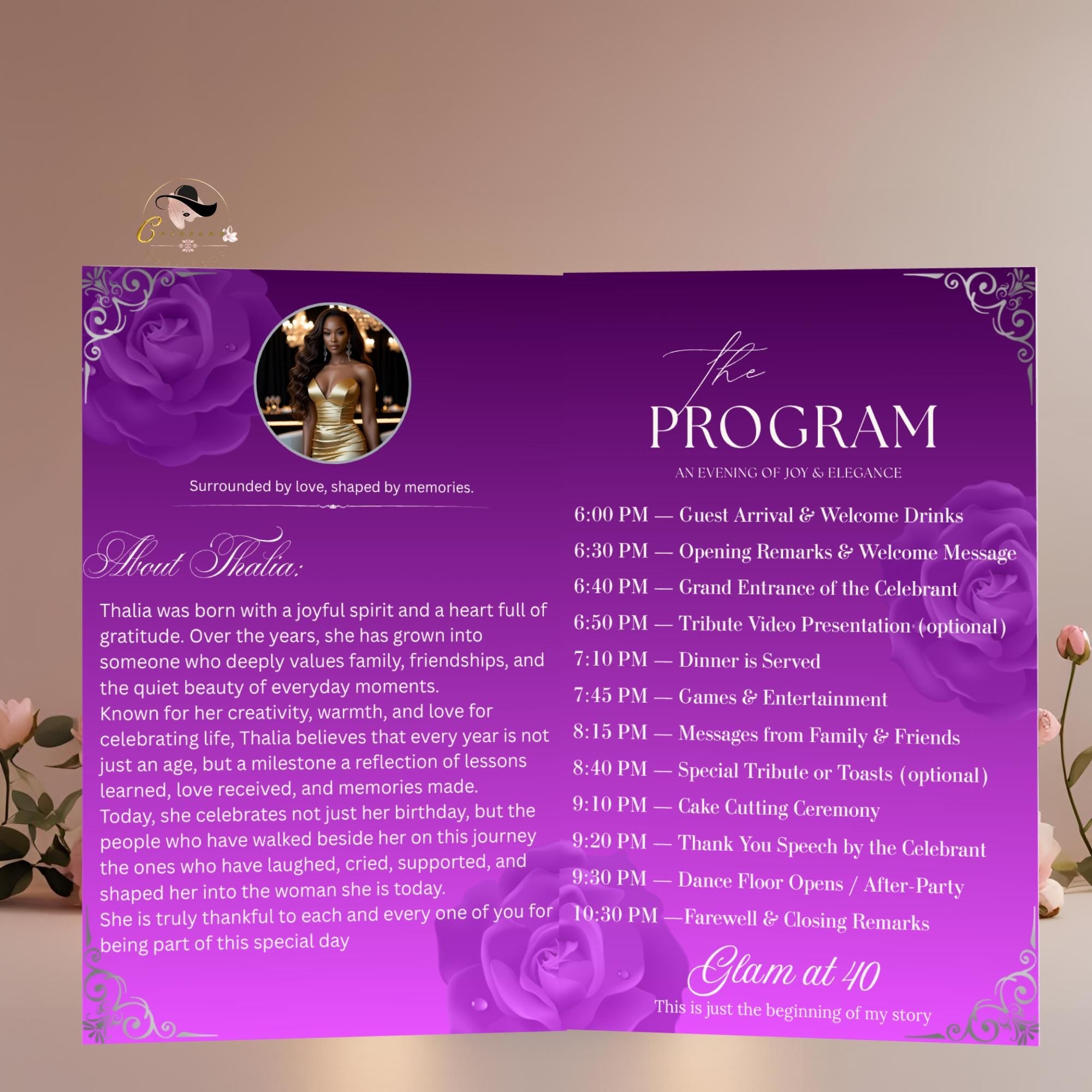 Editable Program Card Template Purple Silver Bifold Birthday Program with photo Printable Luxury Floral Party Program Woman Retirement Decor