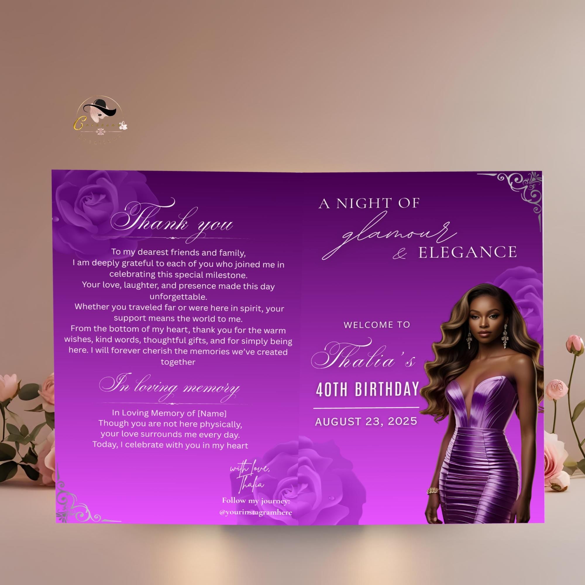 Editable Program Card Template Purple Silver Bifold Birthday Program with photo Printable Luxury Floral Party Program Woman Retirement Decor