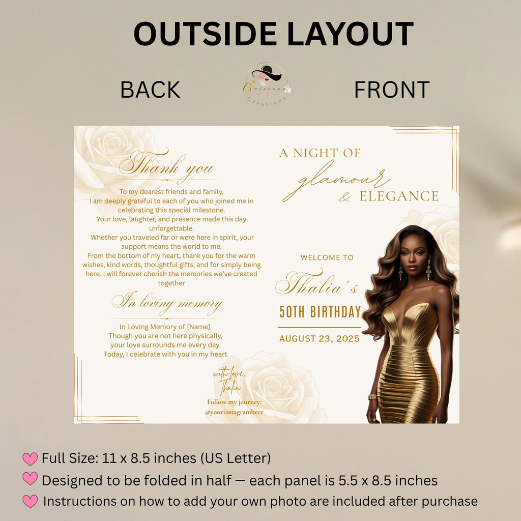 Editable Program Card Template White gold Bifold Birthday Program with photo Printable Elegant Floral Party Program Woman Retirement Decor