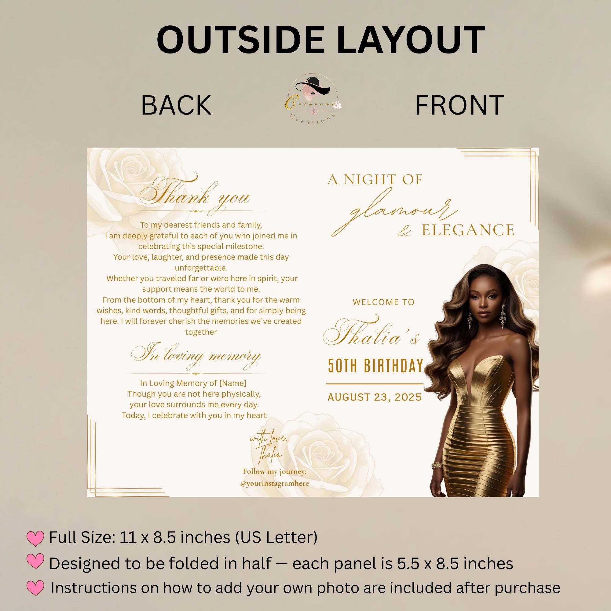 Editable Program Card Template White gold Bifold Birthday Program with photo Printable Elegant Floral Party Program Woman Retirement Decor