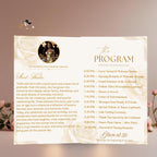 Editable Program Card Template White gold Bifold Birthday Program with photo Printable Elegant Floral Party Program Woman Retirement Decor
