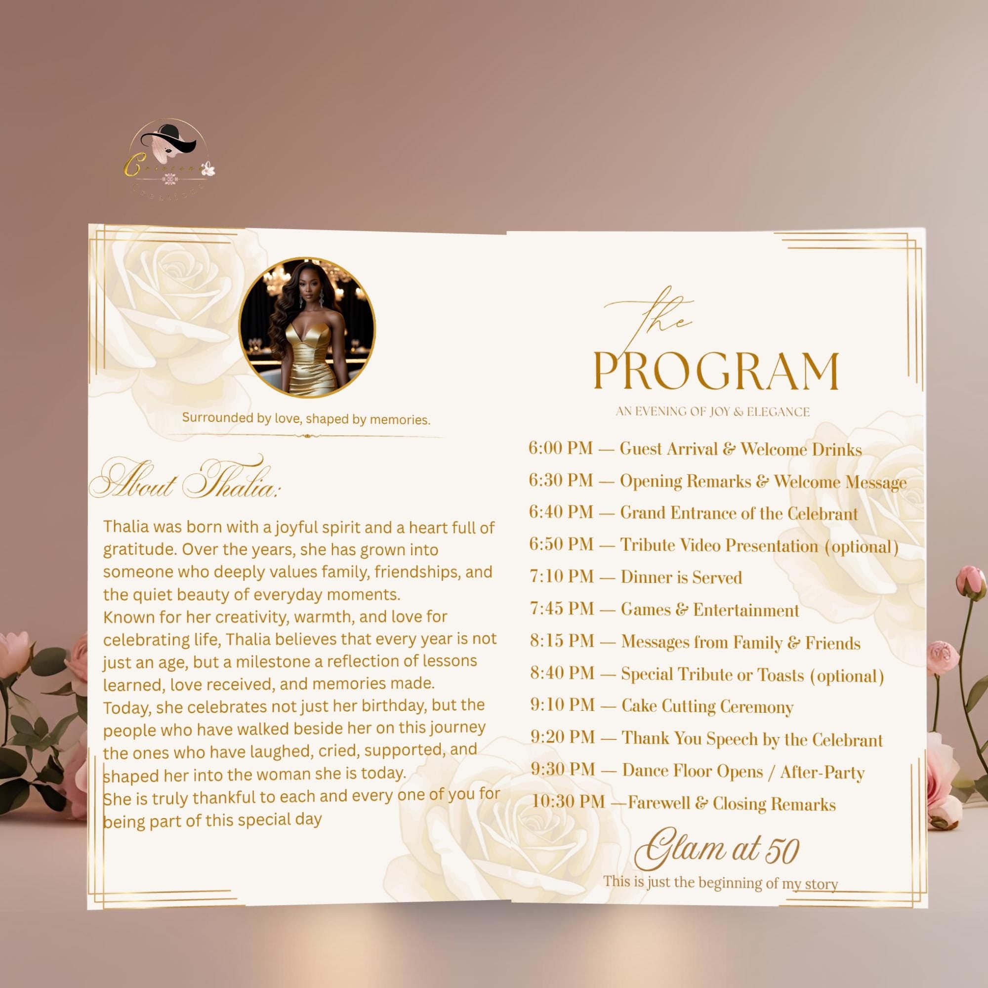 Editable Program Card Template White gold Bifold Birthday Program with photo Printable Elegant Floral Party Program Woman Retirement Decor