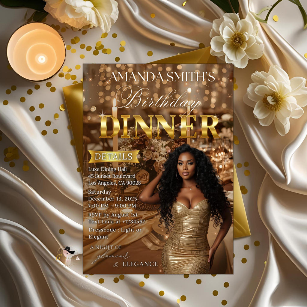 Editable Birthday Dinner Invitation Brown Gold Luxury Dinner Invite with photo, Woman Retirement Party, Shades of Melanin Digital Template
