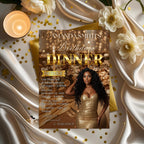 Editable Birthday Dinner Invitation Brown Gold Luxury Dinner Invite with photo, Woman Retirement Party, Shades of Melanin Digital Template