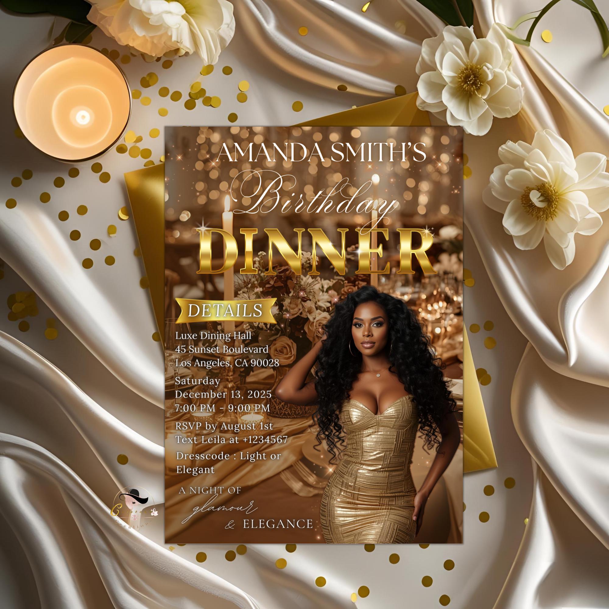 Editable Birthday Dinner Invitation Brown Gold Luxury Dinner Invite with photo, Woman Retirement Party, Shades of Melanin Digital Template